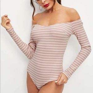 V Neck Striped Bardot Bodysuit (Off The Shoulder)